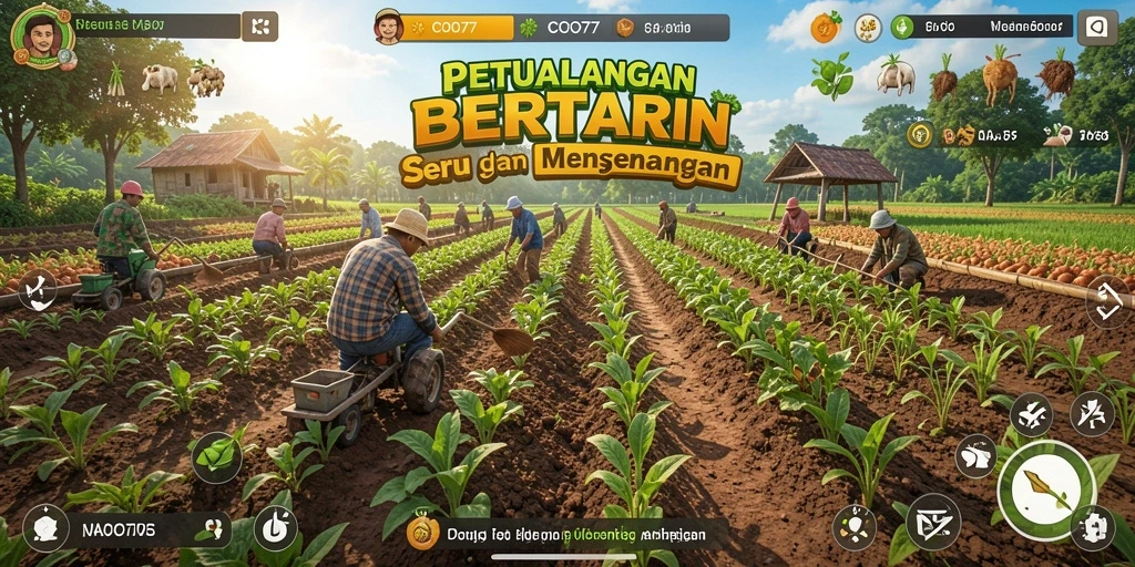 Tampilan menarik gameplay pertanian di COO77 dengan berbagai tanaman dan hewan.