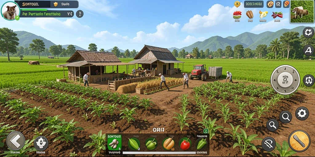 Screenshot gameplay SONTOGEL menampilkan ladang pertanian yang subur dengan tanaman yang berwarna-warni.
